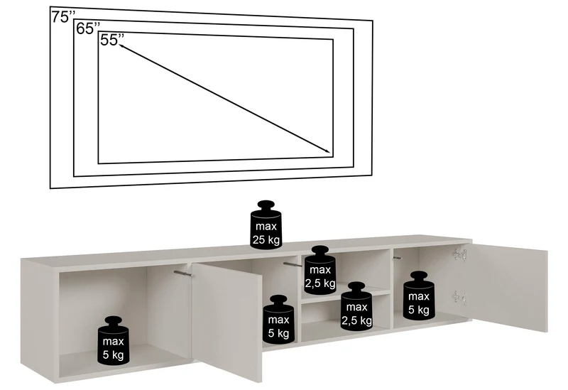 Hängender zweiflügeliger TV-Schrank Sanva mit drei Fächern, 200 cm, Walnuss Warmia