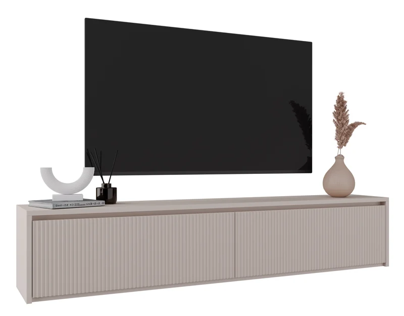 Drehtür-Kommode Vemmi mit drei Schubladen, 155 cm, mit geriffelter Kaschmir-Front