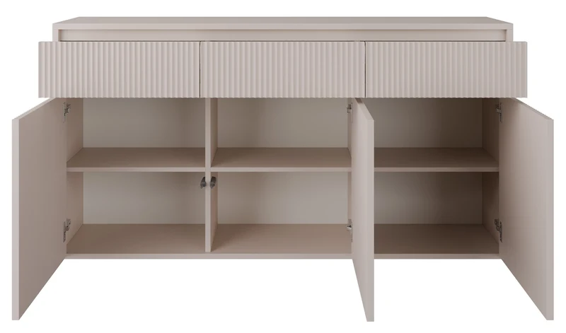 Drehtür-Kommode Vemmi mit drei Schubladen, 155 cm, mit geriffelter Kaschmir-Front