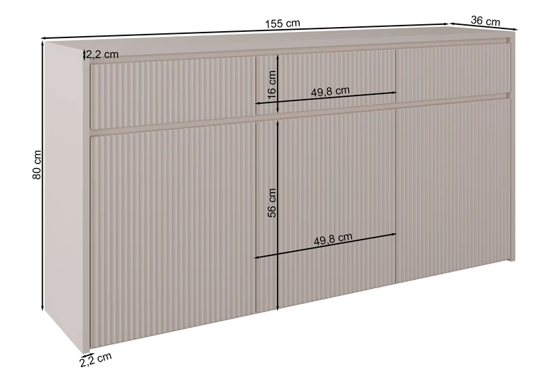 Drehtür-Kommode Vemmi mit drei Schubladen, 155 cm, mit geriffelter Kaschmir-Front