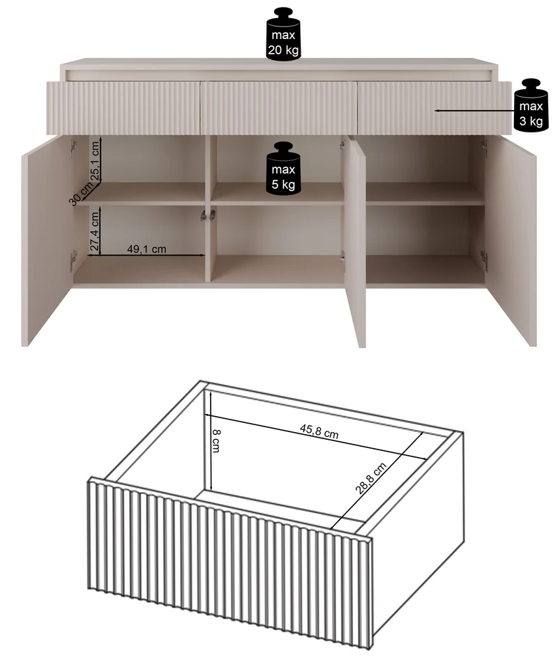 Drehtür-Kommode Vemmi mit drei Schubladen, 155 cm, mit geriffelter Kaschmir-Front