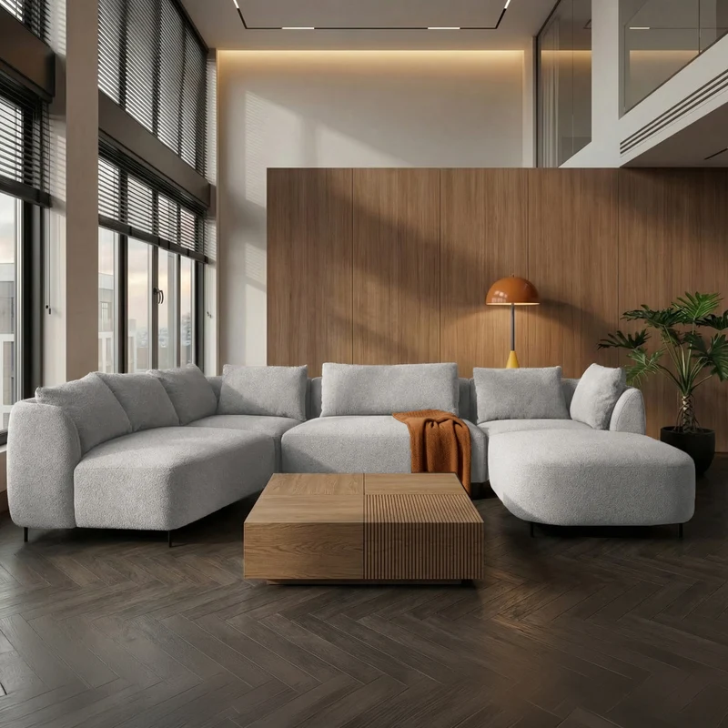 Modulares Ecksofa Lanomi U-förmig, linksseitig, hellgrauer Bouclé-Stoff