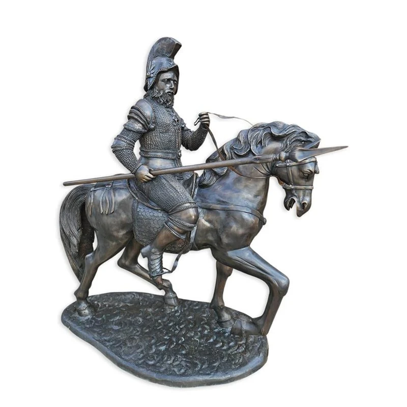 Casa Padrino Luxus Bronze Skulptur Ritter zu Pferd mit Lanze Bronze / Schwarz 150 x H. 145 cm - Riesige Bronzefigur - Mittelalter Deko - Große Gartenfigur