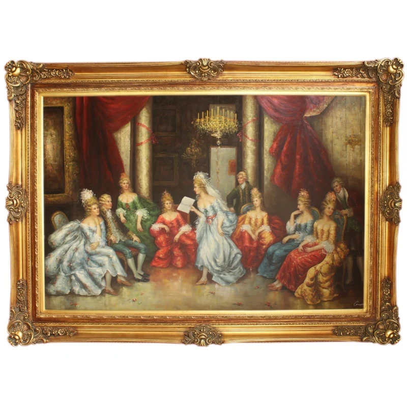 Riesiges Handgemaltes Barock Öl Gemälde Literaturabend Gold Prunk Rahmen 225 x 165 x 10 cm - Massives Material