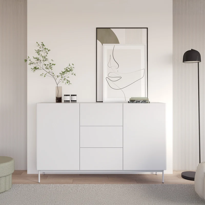 Zweiturige Kommode Olio mit drei Schubladen, 160 cm, weiß