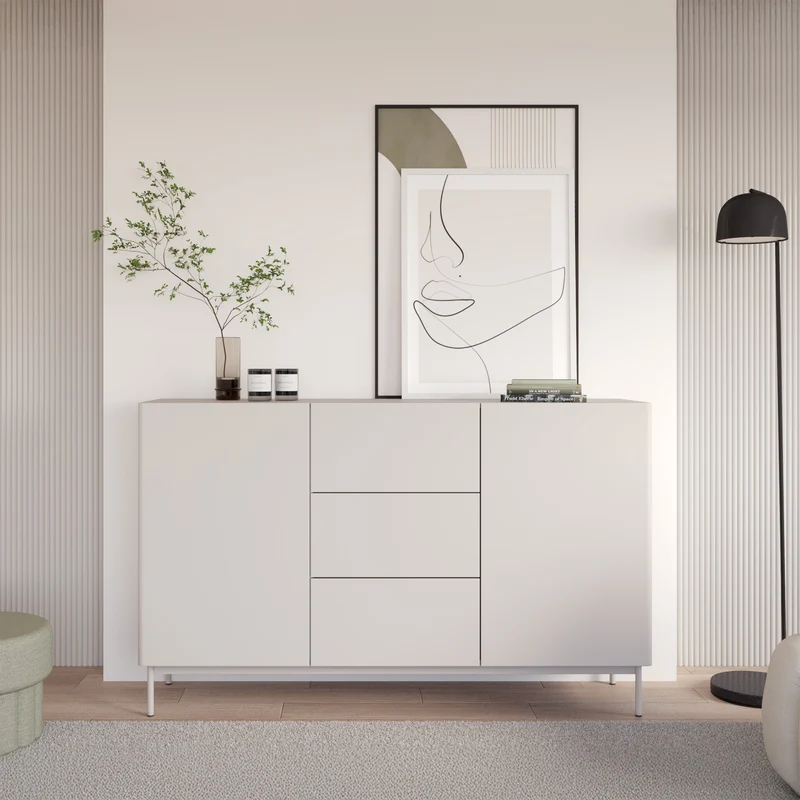 Zweiturige Kommode Olio mit drei Schubladen, 160 cm, weiß