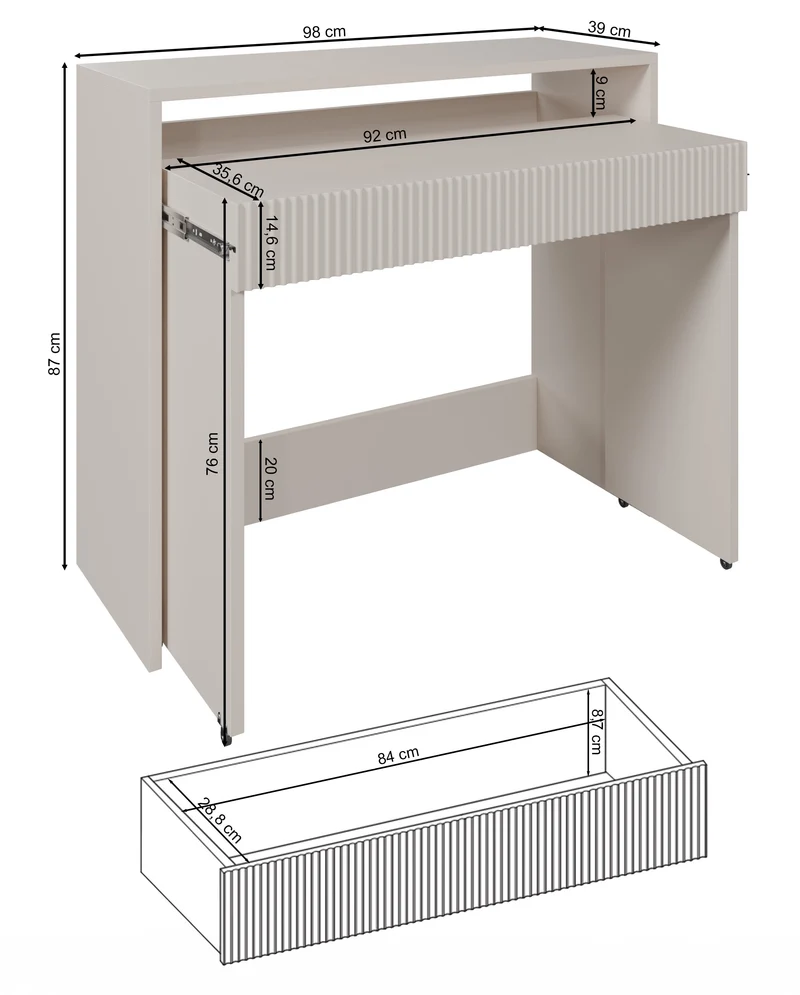 Ausziehbarer Schreibtisch Zoom mit Schublade und Rillen, 98 cm, Kaschmir