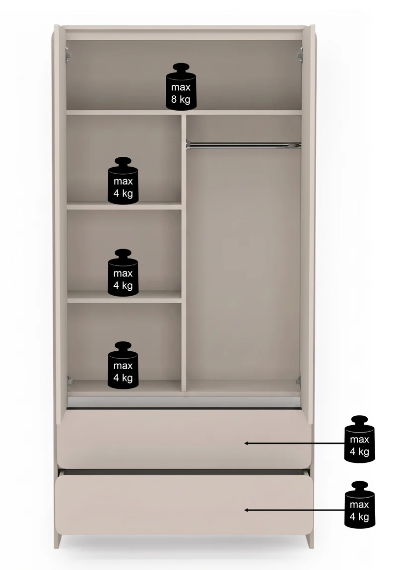 Zweiflügeliger Lummo-Schrank mit zwei Schubladen, 100 cm, Kaschmirfarbe
