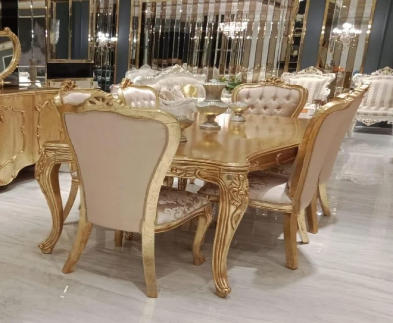 Casa Padrino Luxus Barock Esszimmer Set Rosa / Gold - 1 Barock Esstisch & 6 Barock Esszimmerstühle mit elegantem Muster - Esszimmer Möbel im Barockstil - Edel & Prunkvoll