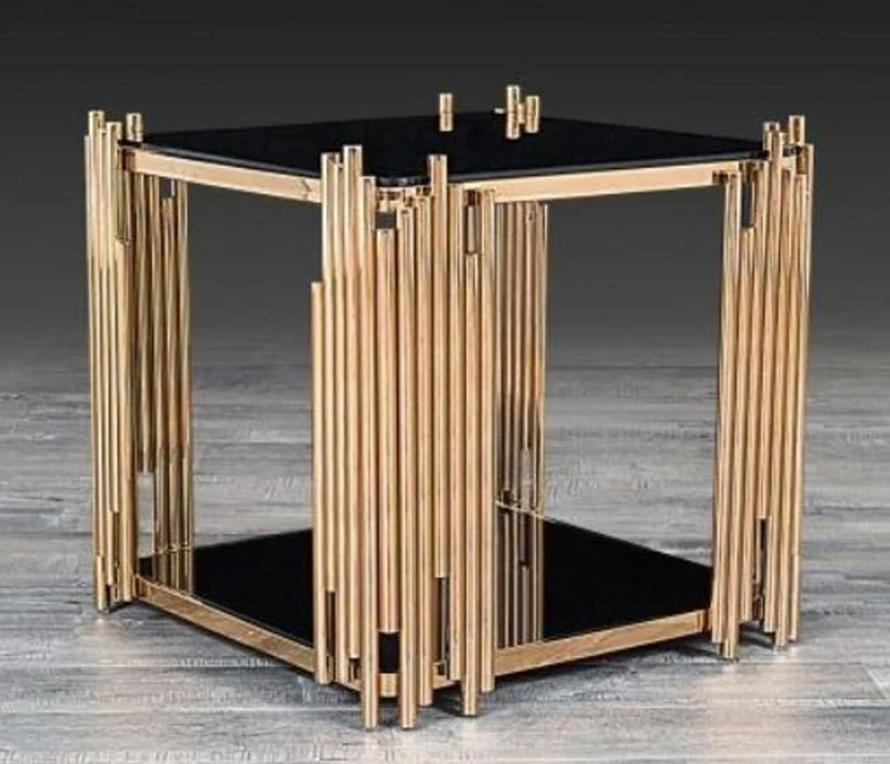 Casa Padrino Designer Beistelltisch Gold 48 x 48 x H. 50 cm - Quadratischer Tisch mit Glasplatten - Luxus Wohnzimmer Möbel