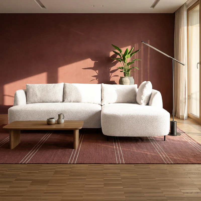 Modulares Ecksofa Lanomi, L-förmig, rechtsseitig, weißes Bouclé