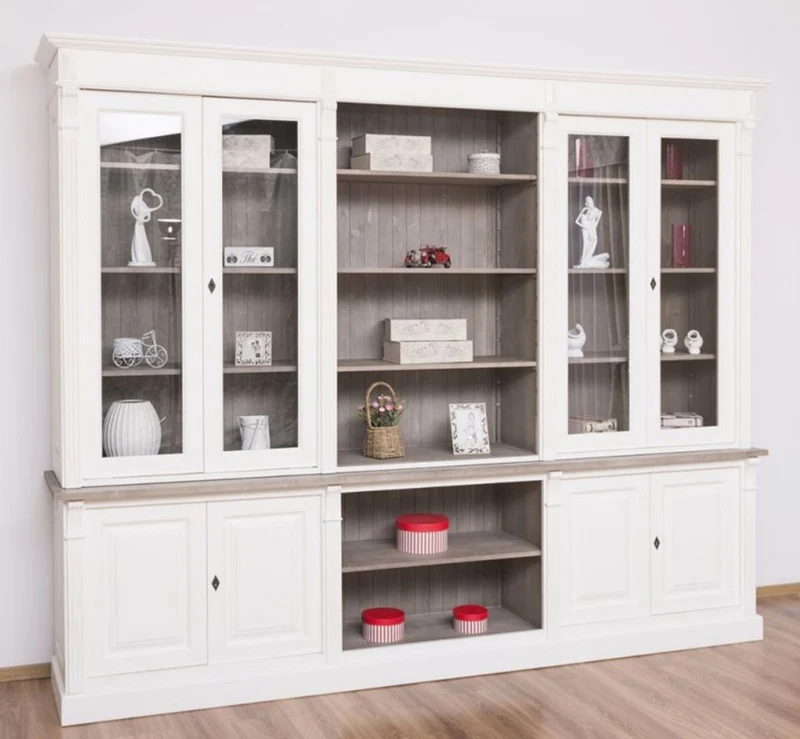 Casa Padrino Landhausstil Bücherschrank Weiß / Braungrau 286 x 51 x H. 228 cm - Massivholz Schrank - Wohnzimmerschrank - Büroschrank - Landhausstil Möbel