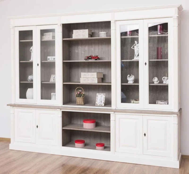Casa Padrino Landhausstil Bücherschrank Weiß / Braungrau 286 x 51 x H. 228 cm - Massivholz Schrank - Wohnzimmerschrank - Büroschrank - Landhausstil Möbel