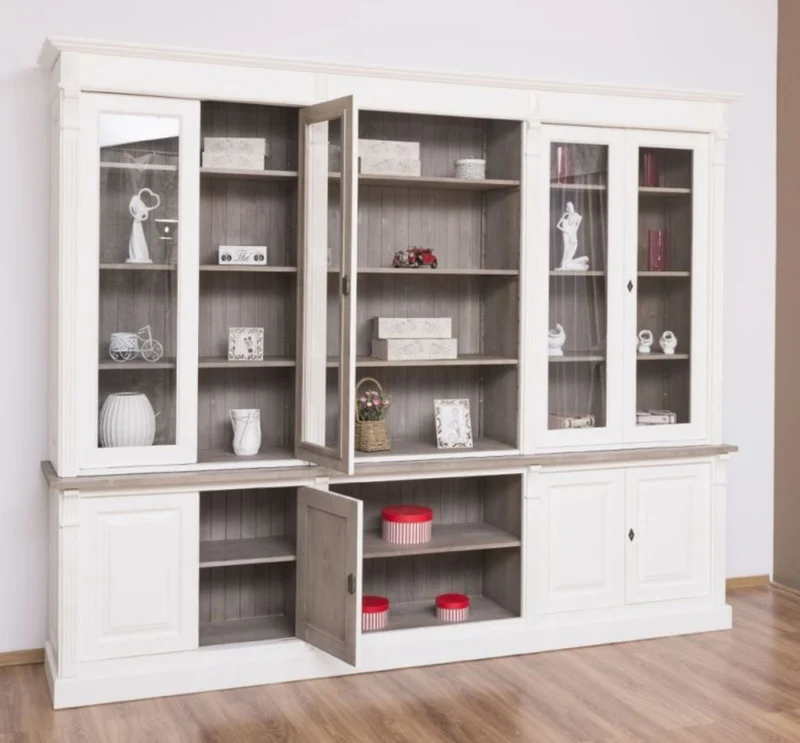 Casa Padrino Landhausstil Bücherschrank Weiß / Braungrau 286 x 51 x H. 228 cm - Massivholz Schrank - Wohnzimmerschrank - Büroschrank - Landhausstil Möbel