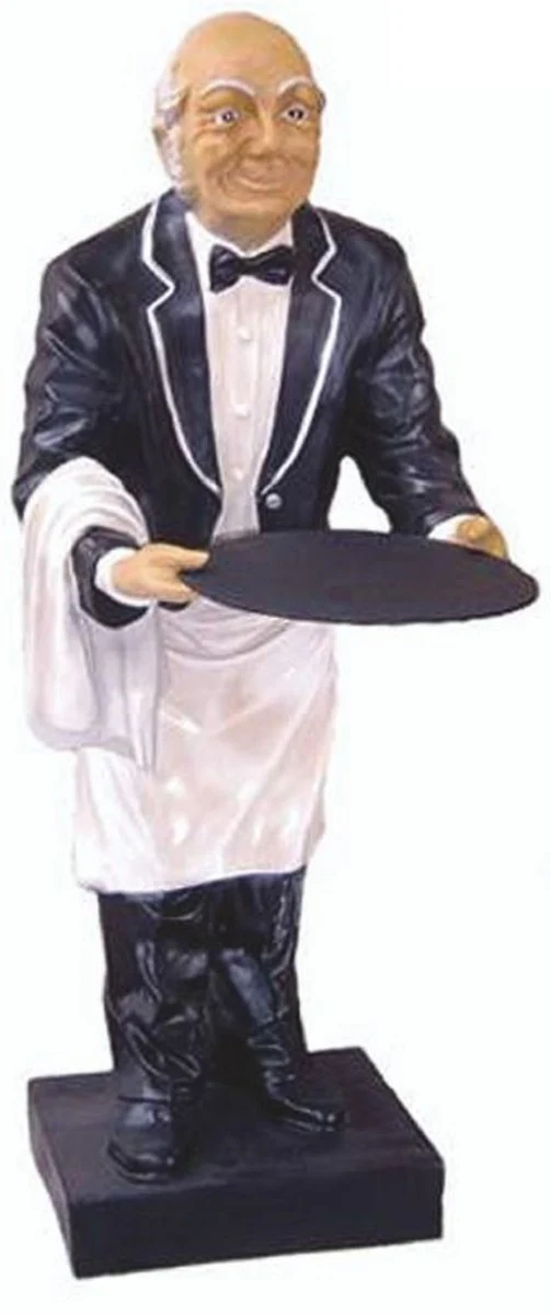 Casa Padrino Luxus XXL Deko Figur Buttler Schwarz / Weiß / Mehrfarbig H. 80 cm - XXL Deko Kellner Skulptur - Deko Accessoires