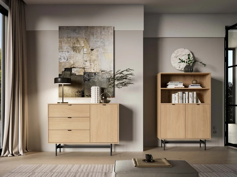 Reynos Einzeltür-Kommode mit drei Schubladen, 92 cm, Eiche Mavelie