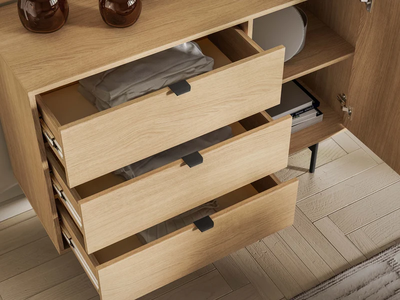Reynos Einzeltür-Kommode mit drei Schubladen, 92 cm, Eiche Mavelie