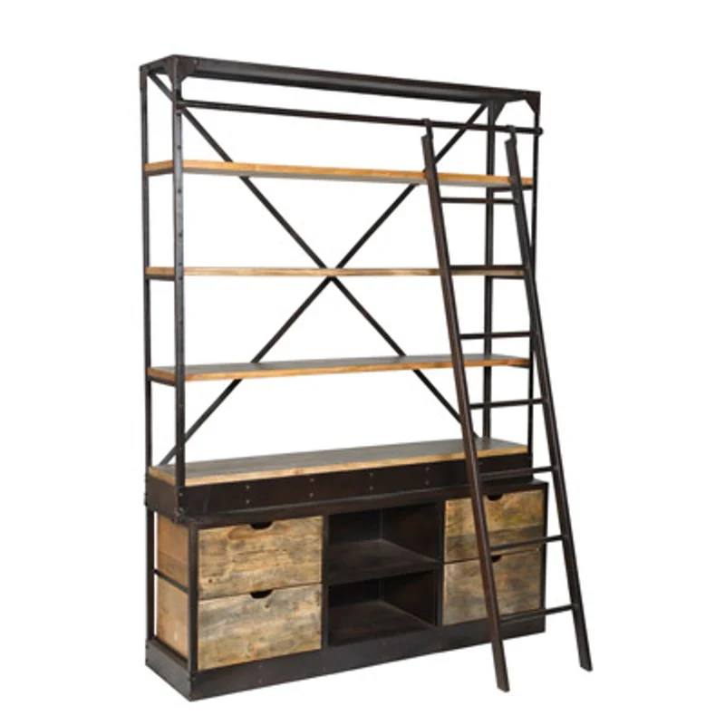 Casa Padrino Bücherregal Natur Antik-Look mit Leiter 150 x 40 x H.210 cm - Regalschrank, Bücherschrank
