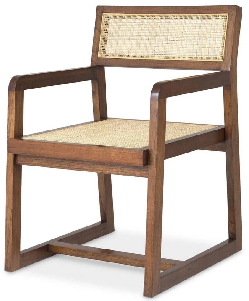 Casa Padrino Luxus Esszimmerstuhl Braun / Naturfarben 58,5 x 65,5 x H. 89 cm - Massivholz Stuhl mit Armlehnen und handgewebtem Rattangeflecht - Luxus Esszimmer Möbel