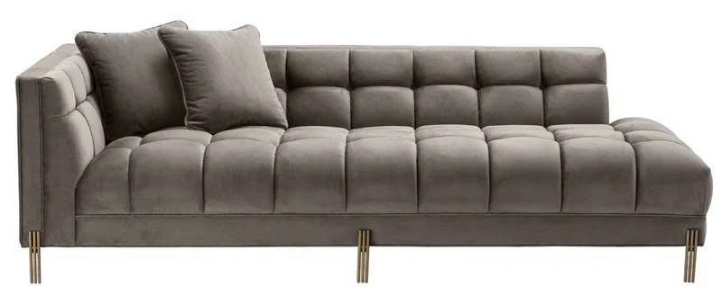 Casa Padrino Luxus Lounge Sofa Grau - Greige / Messingfarben 223 x 95 x H. 68 cm - Linksseitiges Wohnzimmer Sofa mit edlem Samtsoff und 2 Kissen