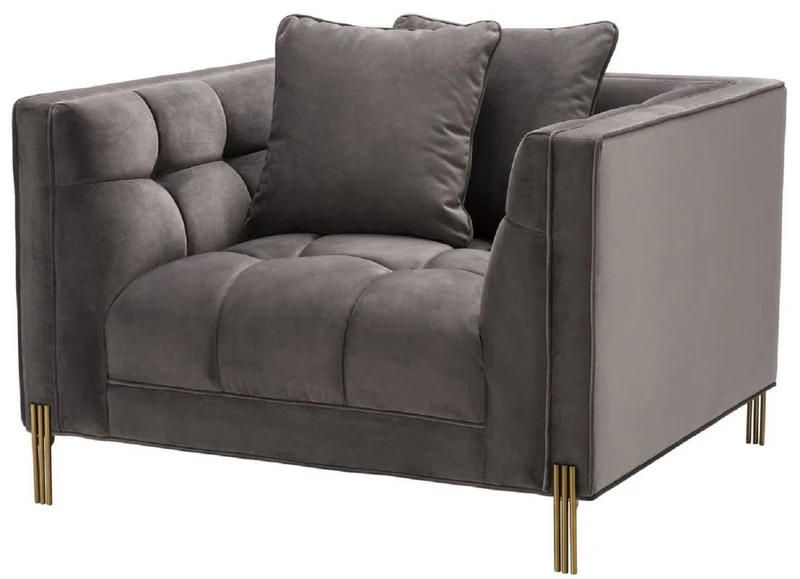 Casa Padrino Luxus Samt Sessel mit 2 Kissen Grau / Messingfarben 104 x 95 x H. 68 cm - Luxus Wohnzimmer Möbel