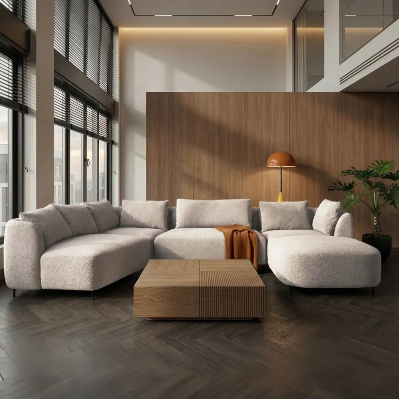 Modulares Ecksofa Lanomi U-förmig, linksseitig, grau-beige Bouclé