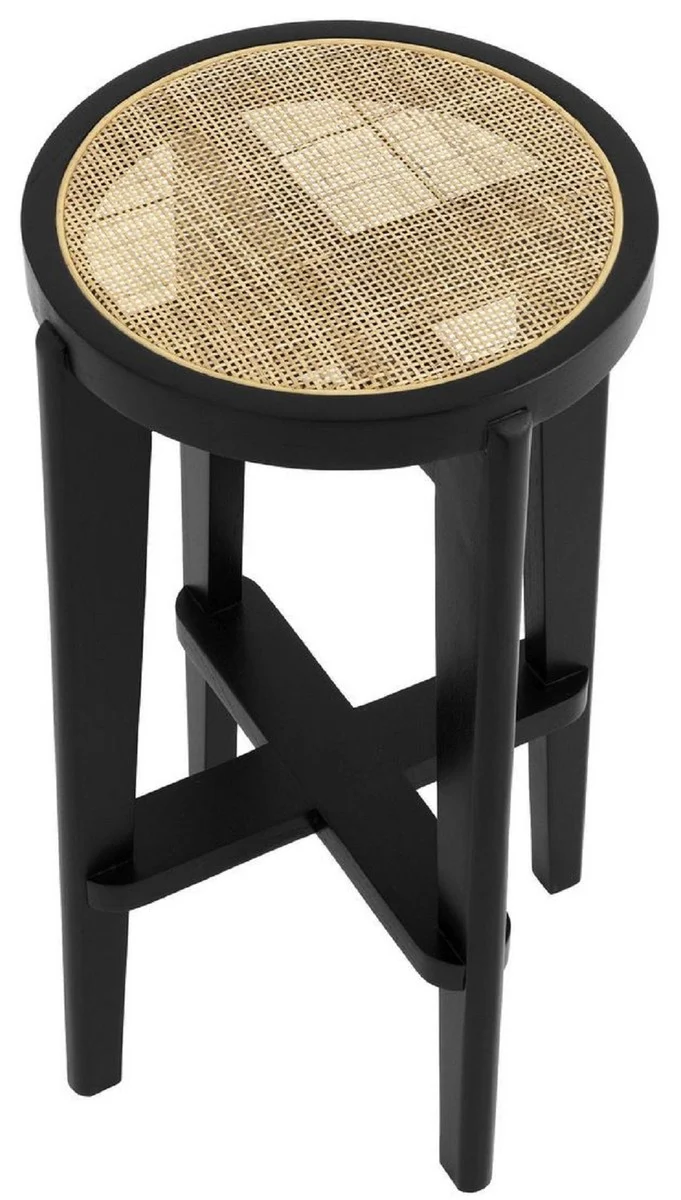 Casa Padrino Luxus Barhocker Schwarz / Naturfarben Ø 44 x H. 76,5 cm - Runder Massivholz Barstuhl - Bar Möbel