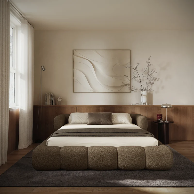 Upholstered bed 120x200 cm Stormi mit Rollrost, hellbrauner Chenille
