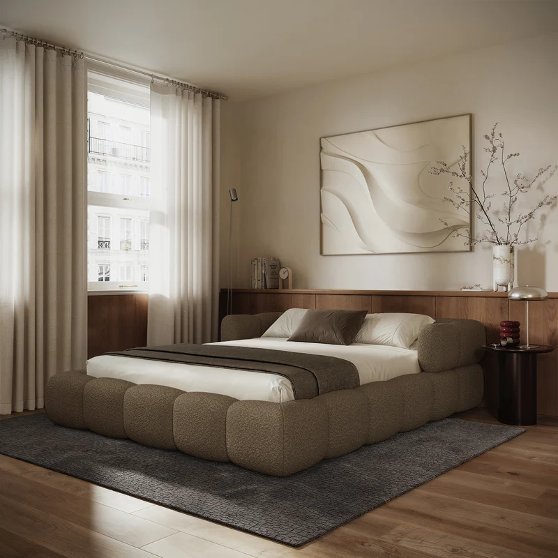 Upholstered bed 120x200 cm Stormi mit Rollrost, hellbrauner Chenille