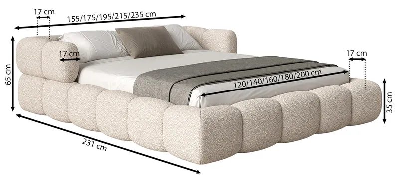 Upholstered bed 180x200 cm Stormi, roll-up slatted frame, cream chenille