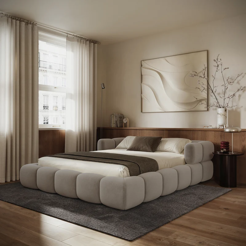Upholstered bed 180x200 cm Stormi, roll-up frame, light grey chenille, hydrophobic and easy-clean