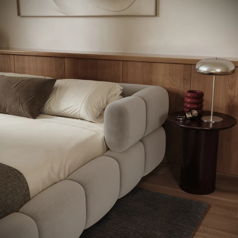 Upholstered bed 180x200 cm Stormi, roll-up frame, light grey chenille, hydrophobic and easy-clean