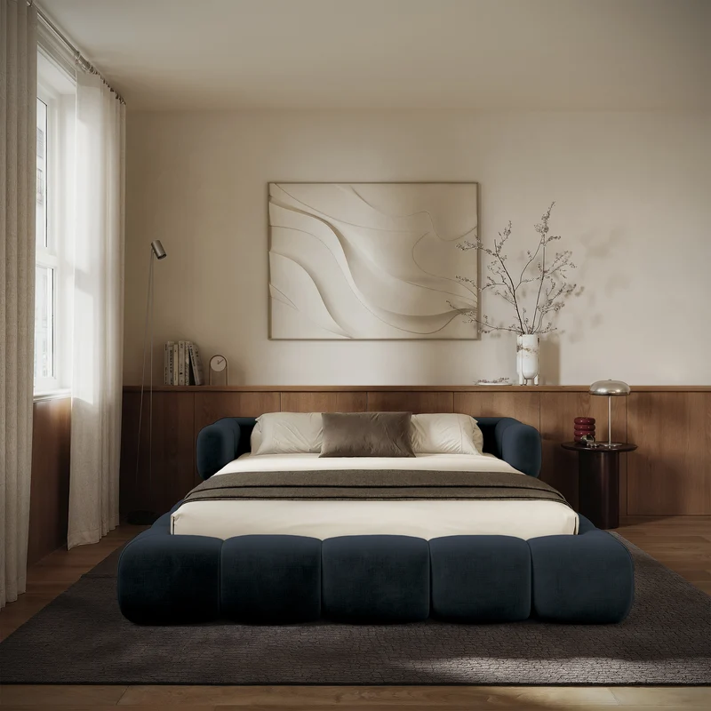 Upholstered bed 160x200 cm Stormi, rollbarer Lattenrost, navyblauer, hydrophober und pflegeleichter Chenillestoff