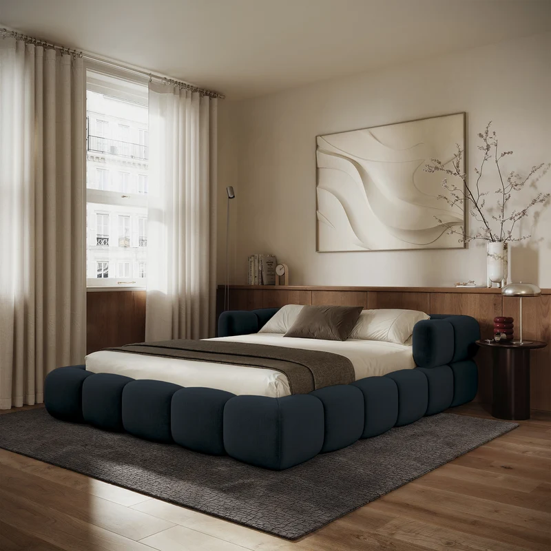 Upholstered bed 160x200 cm Stormi, rollbarer Lattenrost, navyblauer, hydrophober und pflegeleichter Chenillestoff