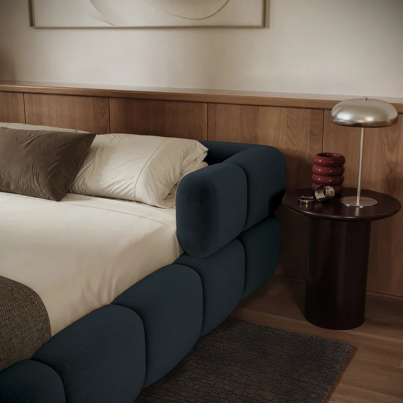 Upholstered bed 160x200 cm Stormi, rollbarer Lattenrost, navyblauer, hydrophober und pflegeleichter Chenillestoff