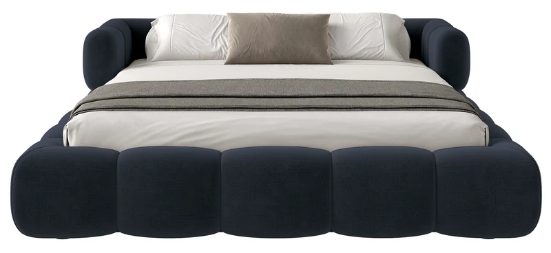 Upholstered bed 160x200 cm Stormi, rollbarer Lattenrost, navyblauer, hydrophober und pflegeleichter Chenillestoff
