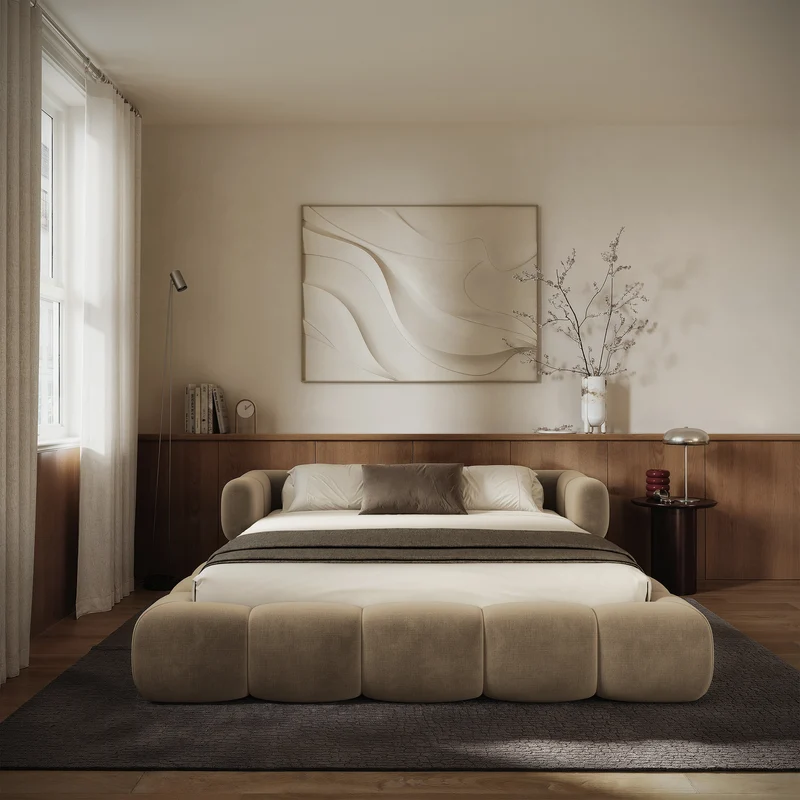 Upholstered bed 160x200 cm Stormi, rollable frame, light brown hydrophobic chenille, easy-clean