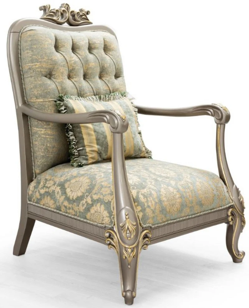 Casa Padrino Luxus Barock Wohnzimmer Set Grün / Gold / Grau / Gold - 2 Sofas & 2 Sessel - Wohnzimmer Möbel im Barockstil - Edel & Prunkvoll