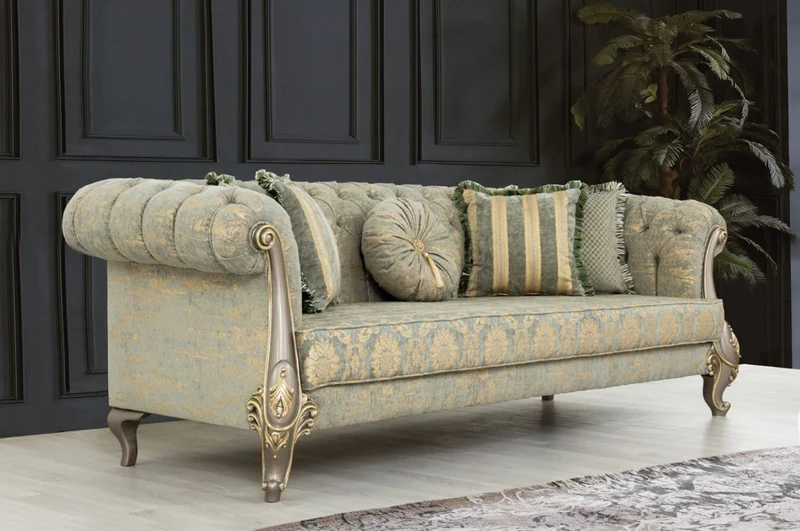 Casa Padrino Luxus Barock Wohnzimmer Set Grün / Gold / Grau / Gold - 2 Sofas & 2 Sessel - Wohnzimmer Möbel im Barockstil - Edel & Prunkvoll