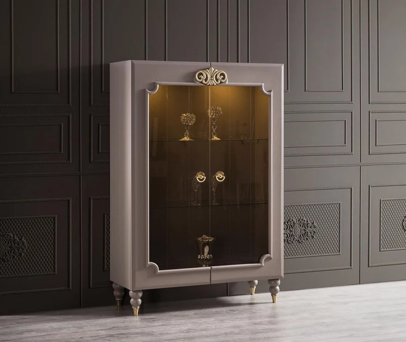 Casa Padrino Luxus Barock Vitrine Grau / Gold 116 x 45 x H. 170 cm - Beleuchteter Massivholz Vitrinenschrank mit 2 Glastüren - Edle Barock Möbel
