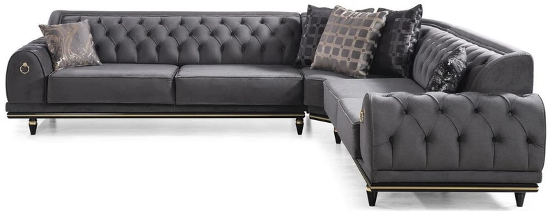 Casa Padrino Luxus Art Deco Chesterfield Ecksofa Grau / Schwarz / Gold 320 x 285 x H. 82 cm - Edles Wohnzimmer Sofa mit dekorativen Kissen - Luxus Qualität