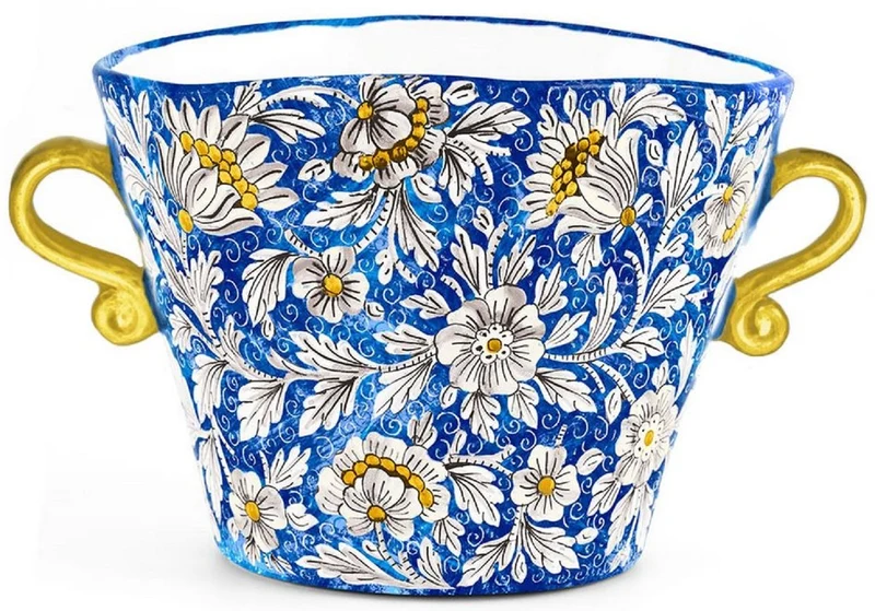 Casa Padrino Luxus Keramik Blumentopf mit 2 Tragegriffen Blau / Mehrfarbig Ø 27 x H. 20 cm - Handgefertigter & handbemalter Keramik Pflanzentopf - Luxus Qualität - Made in Italy