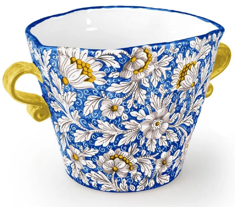 Casa Padrino Luxus Keramik Blumentopf mit 2 Tragegriffen Blau / Mehrfarbig Ø 27 x H. 20 cm - Handgefertigter & handbemalter Keramik Pflanzentopf - Luxus Qualität - Made in Italy