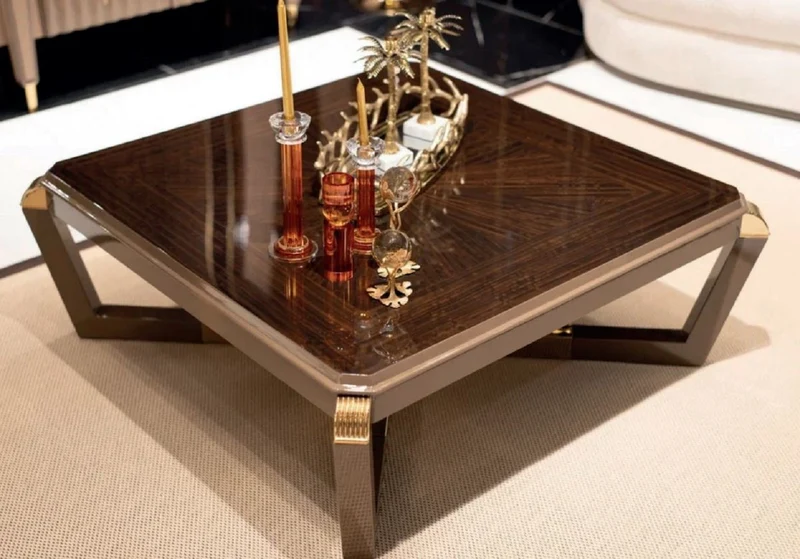 Casa Padrino Luxus Couchtisch Braun / Gold - Quadratischer Massivholz Wohnzimmertisch - Wohnzimmer Möbel - Luxus Möbel - Luxus Kollektion