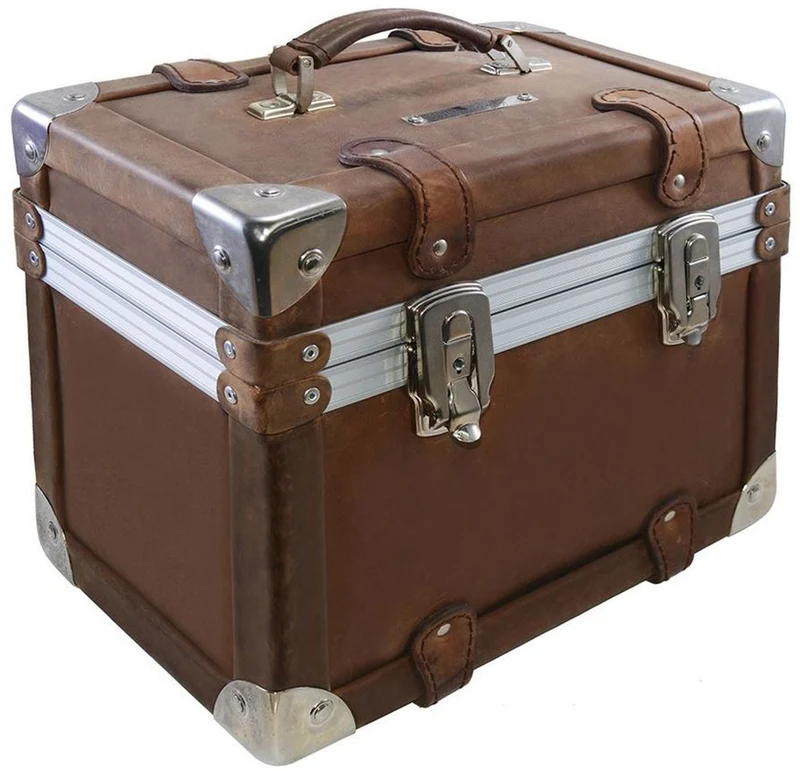 Casa Padrino Luxus Schminkkoffer Vintage Braun / Silber 33 x 21 x H. 28,5 cm - Handgefertigte wasserdichte Echtleder Schminktasche im Retro Design - Luxus Qualität
