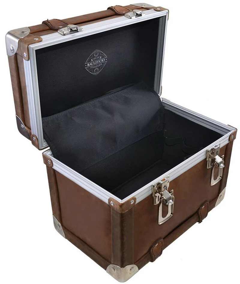 Casa Padrino Luxus Schminkkoffer Vintage Braun / Silber 33 x 21 x H. 28,5 cm - Handgefertigte wasserdichte Echtleder Schminktasche im Retro Design - Luxus Qualität