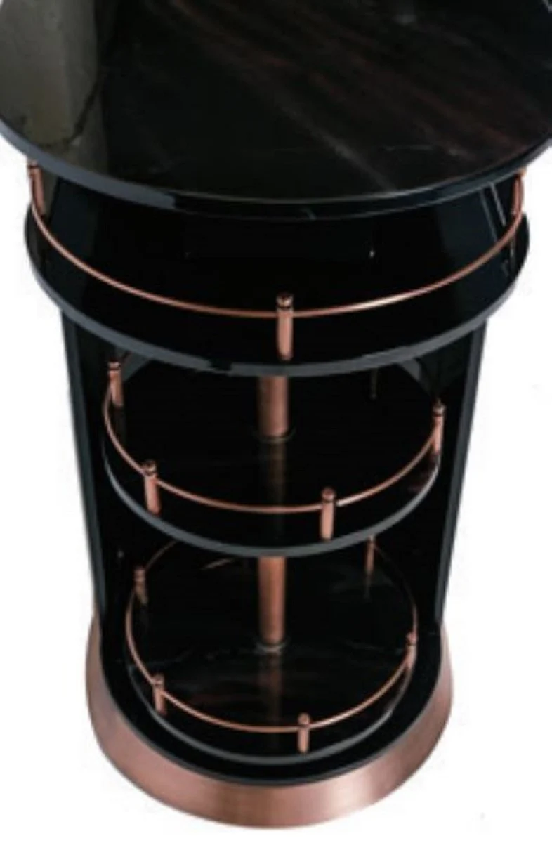 Casa Padrino Luxus Bar Theke Hochglanz Schwarz / Kupfer 135 x 65 x H. 106 cm - Ovaler Massivholz Thekentisch - Massivholz Barmöbel - Luxus Barmöbel - Luxus Möbel