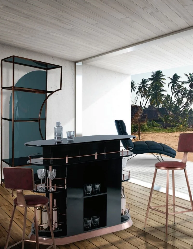 Casa Padrino Luxus Bar Theke Hochglanz Schwarz / Kupfer 135 x 65 x H. 106 cm - Ovaler Massivholz Thekentisch - Massivholz Barmöbel - Luxus Barmöbel - Luxus Möbel