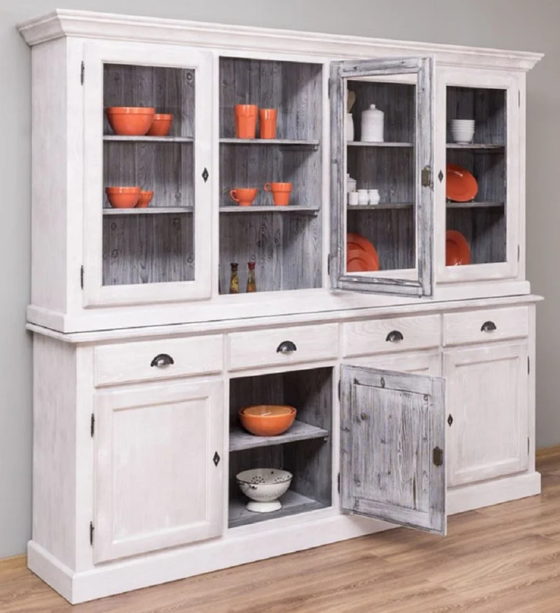 Casa Padrino Landhausstil Esszimmerschrank Hellgrau / Grau 230 x 45 x H. 200 cm - Massivholz Küchenschrank - Esszimmer Möbel im Landhausstil - Landhausstil Esszimmer Einrichtung