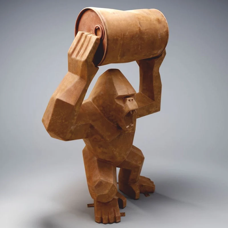 Casa Padrino Deko Skulptur Gorilla mit Fass Rost H. 140 cm - Affen Figur - Große Garten Figur - Große Tierfiguren